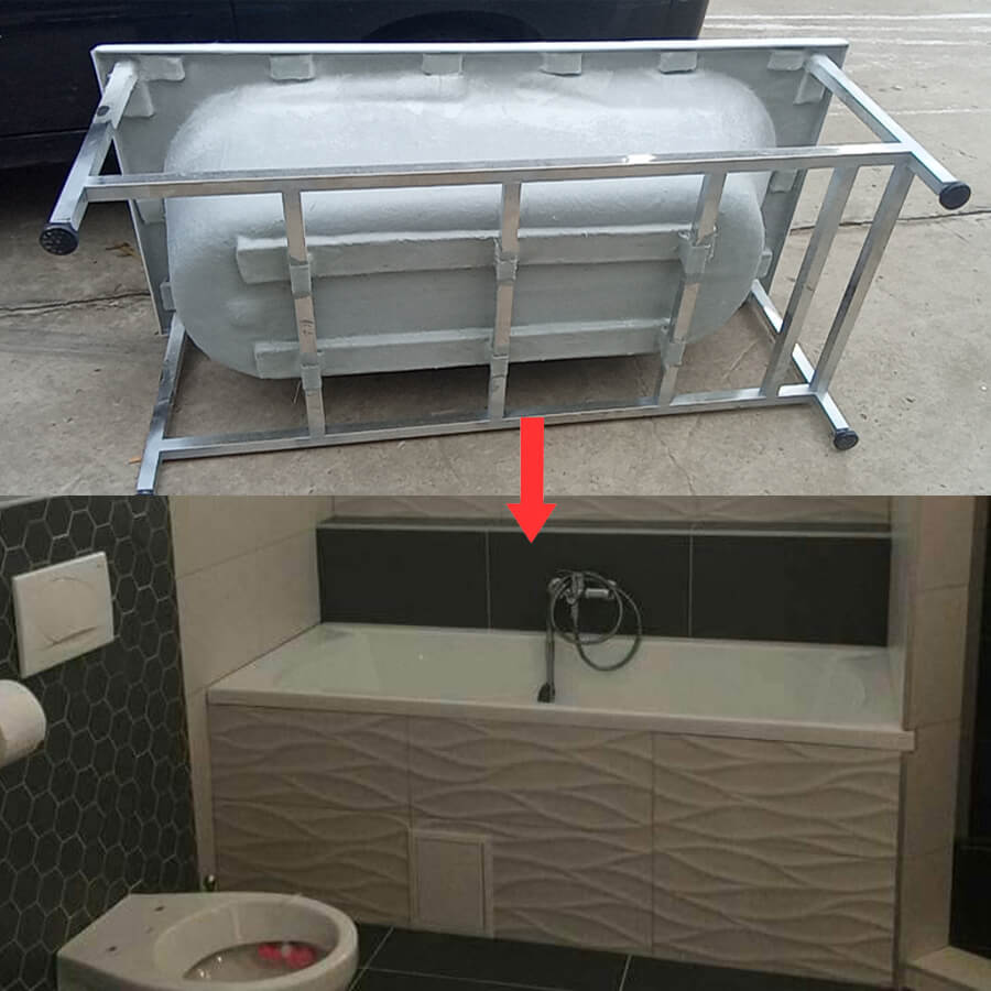 Minh họa bồn tắm có khung chân inox và được ốp yếm hoàn thiện